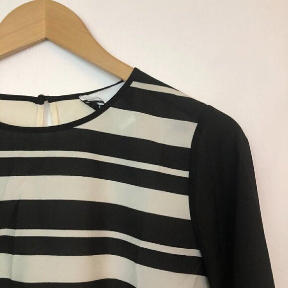BAR III Black Cream Stripe 3/4 Sleeve High Low Hi-Lo Polyester Sheer Blouse Top - Picture 2 of 7